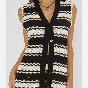 NWOT crochet Black and Ivory Striped Knit Vest,boho,swim coverup,small,artsy